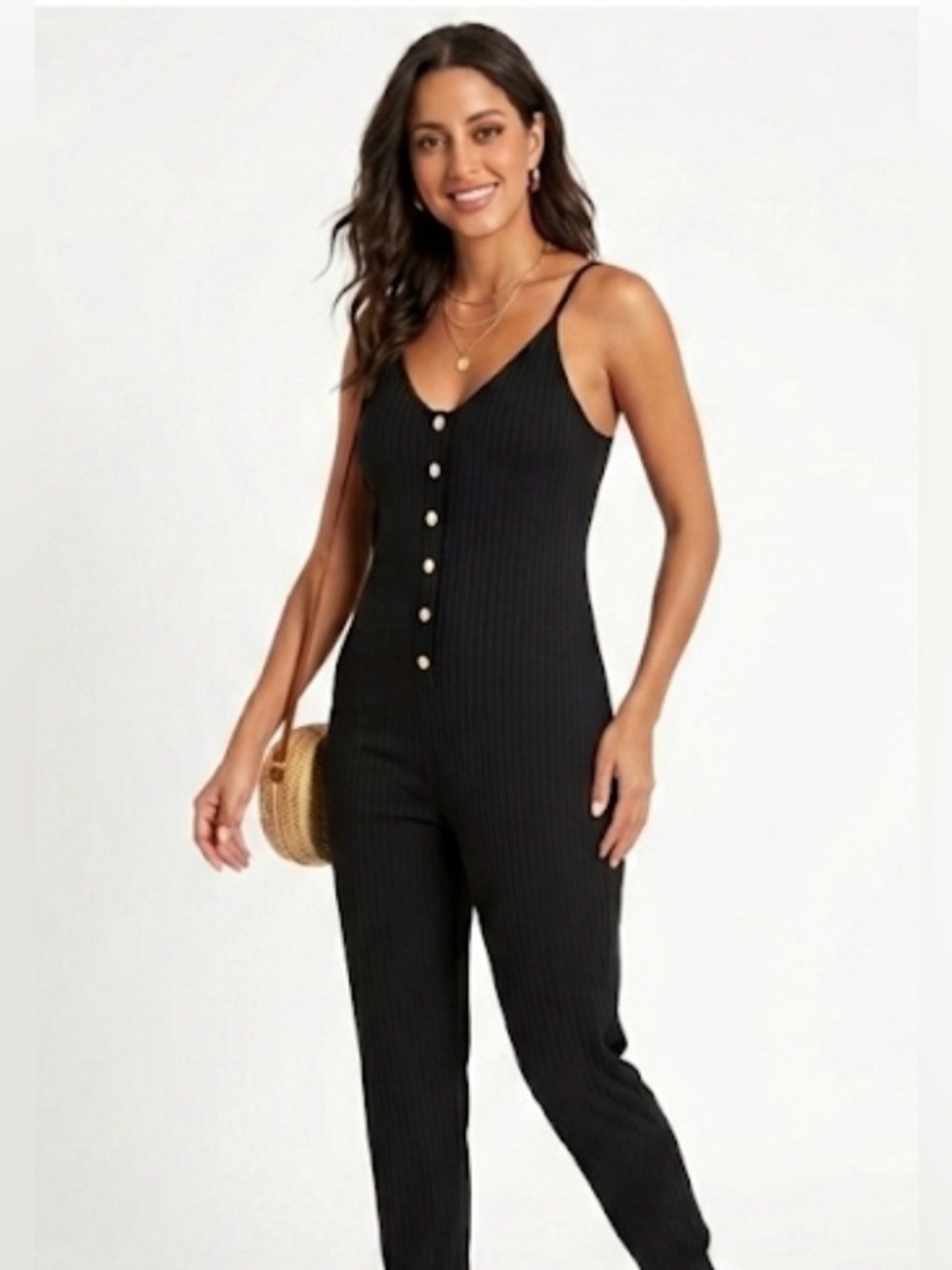 Trac Black Ribbed Button-Front Jumpsuit - Womenβs Size Medium NWT